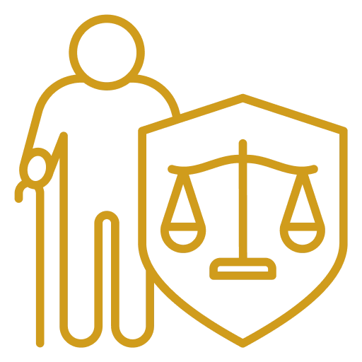 Marigold yellow icon: line drawing of a person standing with a cane in one hand. Mostly offset from but slightly in front of the person there is a shield with scales of justice on it.