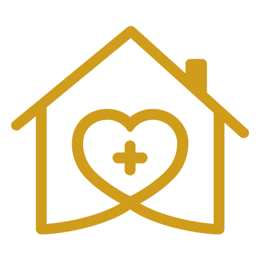 Marigold yellow icon: outline of a house. Inside, the lines continue and form a heart with a plus sign inside it.