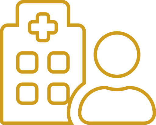 Marigold yellow icon: line drawing of a person's head and shoulders next to a multi-story hospital.